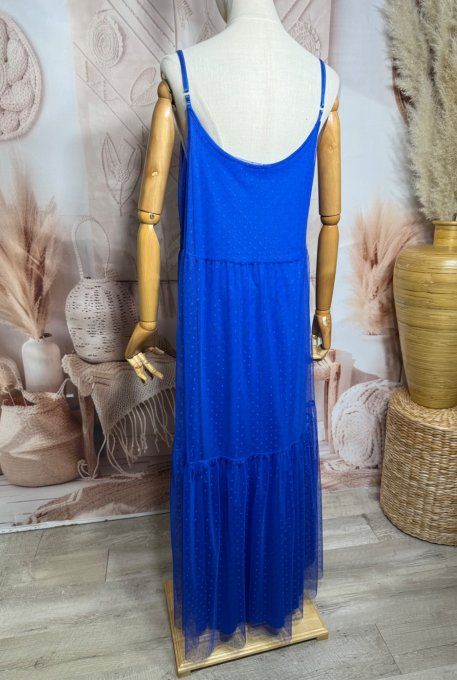 Robe longue tulle bleu électrique et plumetis  fines bretelles réglables du 38 au 48 