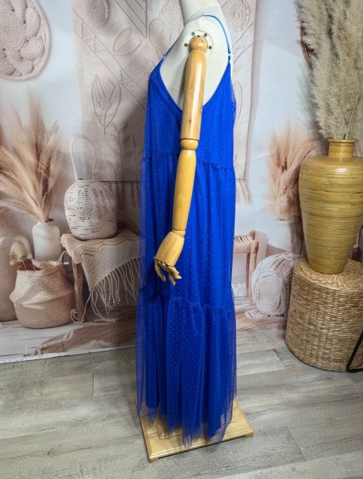 Robe longue tulle bleu électrique et plumetis  fines bretelles réglables du 38 au 48 