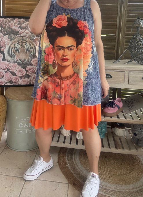 Top débardeur trapèze effet jeans délavé Frida Kahlo aux Fleurs du 40 au 50/52 