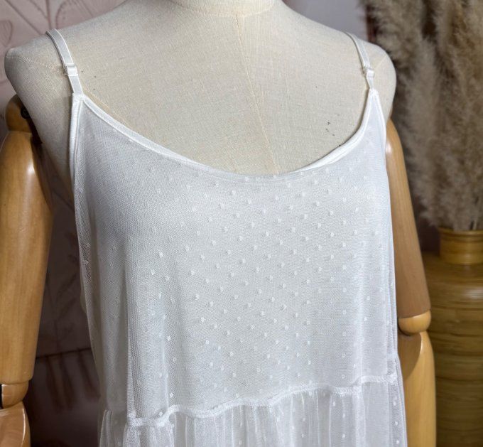 Robe longue tulle écru et plumetis  fines bretelles réglables du 38 au 48