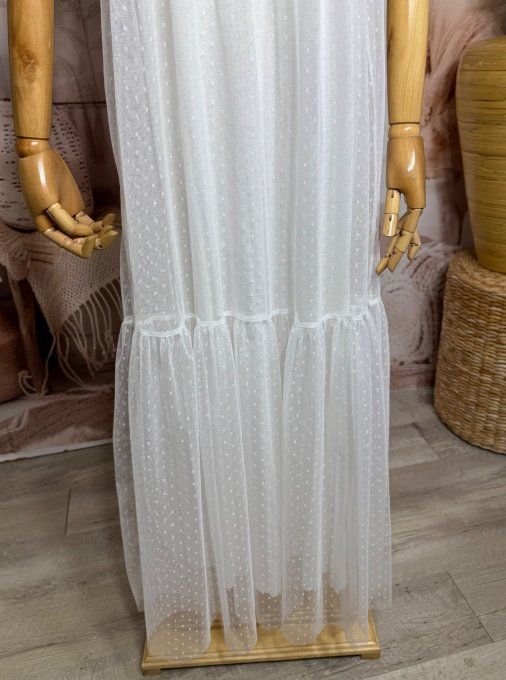 Robe longue tulle écru et plumetis  fines bretelles réglables du 38 au 48