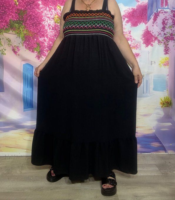 Robe longue à bretelles noire poitrine smockée fils multicolores confort +++ du 38 au 50/52 