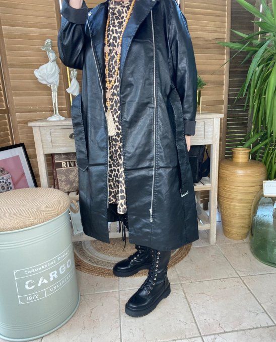 Manteau long façon perfecto simili-cuir noir doublé confort +++ du 44 au 50