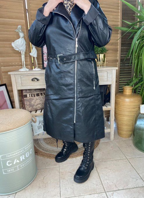 Manteau long façon perfecto simili-cuir noir doublé confort +++ du 44 au 50