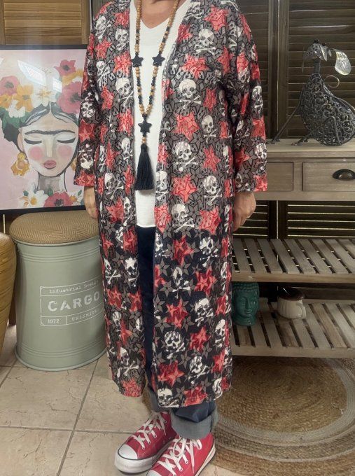 Kimono en dentelle blanche étoiles Skulls & Red Stars du 34 au 48 et même + 