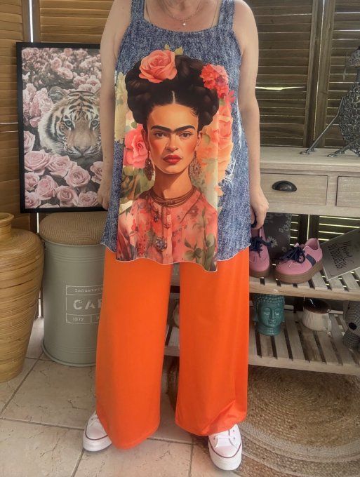 Top débardeur trapèze effet jeans délavé Frida Kahlo aux Fleurs du 40 au 50/52 