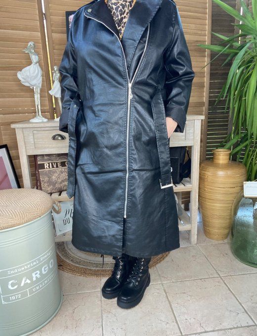 Manteau long façon perfecto simili-cuir noir doublé confort +++ du 44 au 50