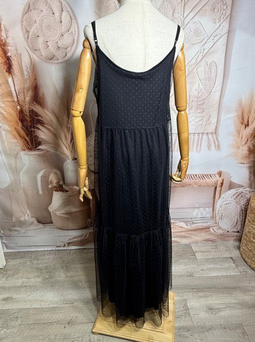 Robe longue tulle noir et plumetis  fines bretelles réglables du 38 au 48 