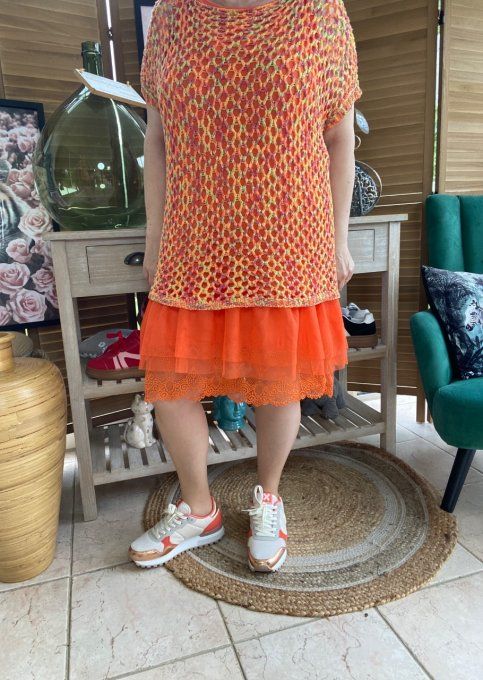 Pull de printemps ample maille filet Camaieu orange jaune prune du 38 au 46/48 