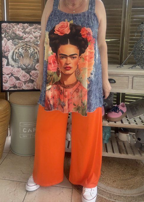 Top débardeur trapèze effet jeans délavé Frida Kahlo aux Fleurs du 40 au 50/52 