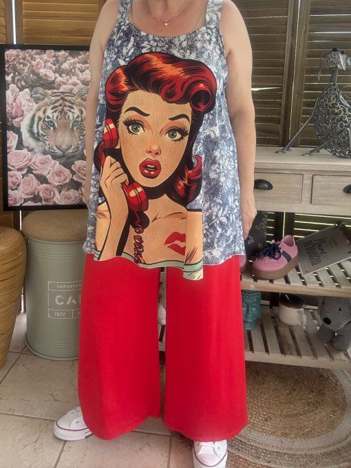 Top débardeur trapèze effet jeans floral Rétro Sixties Woman du 40 au 50/52 