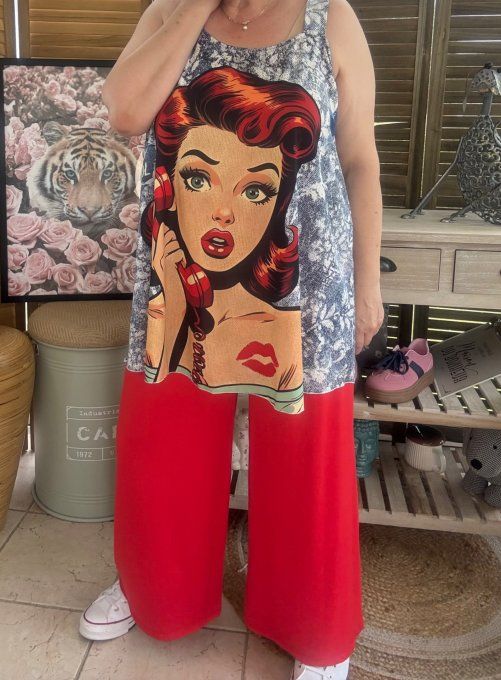 Top débardeur trapèze effet jeans floral Rétro Sixties Woman du 40 au 50/52 