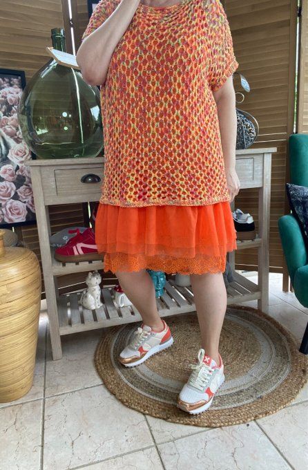 Pull de printemps ample maille filet Camaieu orange jaune prune du 38 au 46/48 
