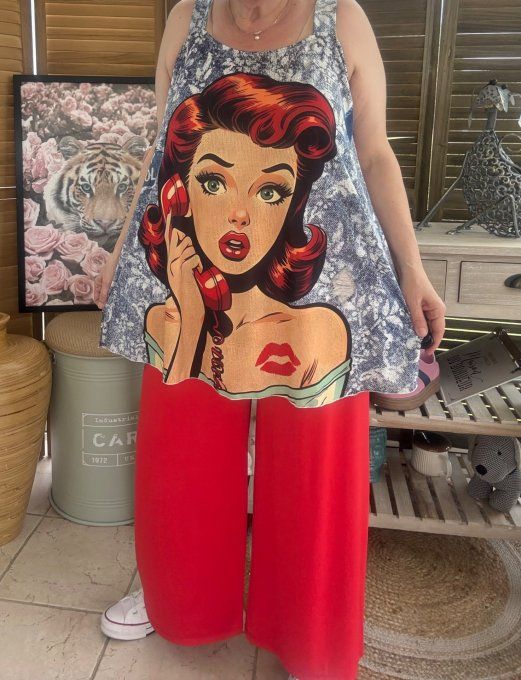 Top débardeur trapèze effet jeans floral Rétro Sixties Woman du 40 au 50/52 