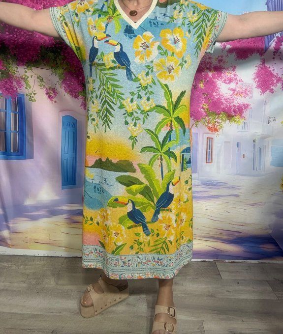 Robe droite longue Lurex pailleté doré Toucans Bleus Eléphant Jungle Vibes du 38 au 48/50