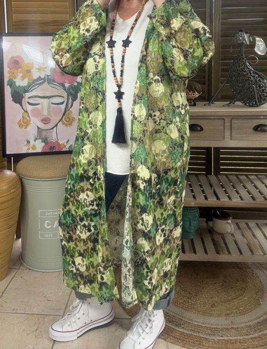 Kimono en dentelle multicolore camaïeu de verts étoiles Skulls du 34 au 48 et même + 