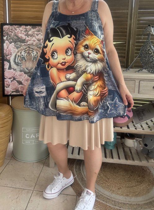 Top débardeur trapèze effet jeans délavé Betty Boop et son chat du 40 au 50/52   