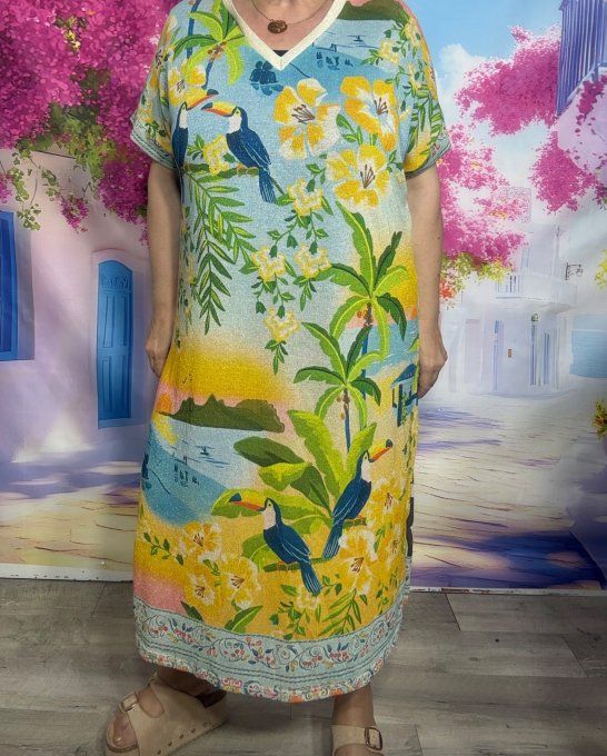 Robe droite longue Lurex pailleté doré Toucans Bleus Eléphant Jungle Vibes du 38 au 48/50