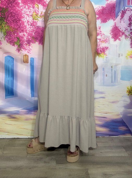 Robe longue à bretelles taupe poitrine smockée fils multicolores confort +++ du 38 au 50/52