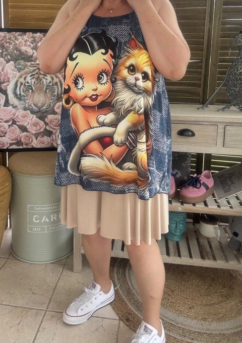 Top débardeur trapèze effet jeans délavé Betty Boop et son chat du 40 au 50/52   