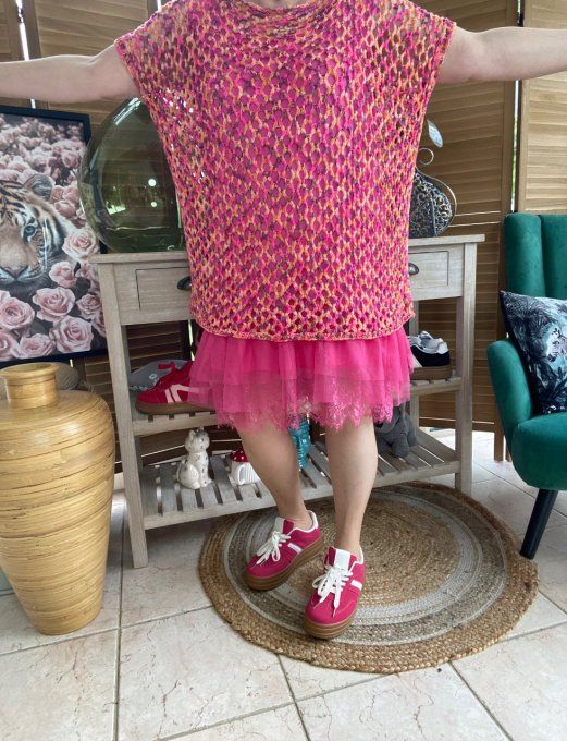 Pull d'été ample maille filet Camaieu Fuschia prune abricot du 38 au 46/48 