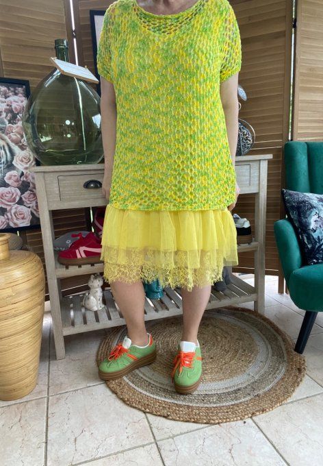 Pull de printemps ample maille filet Camaieu jaune vert du 38 au 46/48