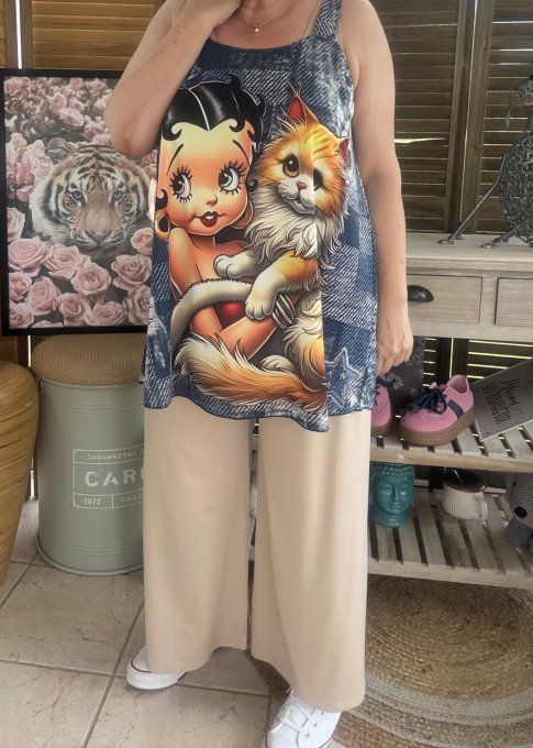 Top débardeur trapèze effet jeans délavé Betty Boop et son chat du 40 au 50/52   