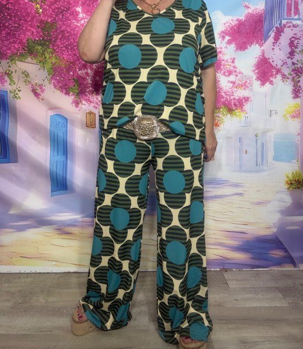 Ensemble Lycra tunique + pantalon palazzo cuisses larges Fleurs Esprit Seventies du 40 au 54