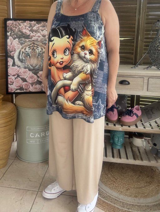 Top débardeur trapèze effet jeans délavé Betty Boop et son chat du 40 au 50/52   
