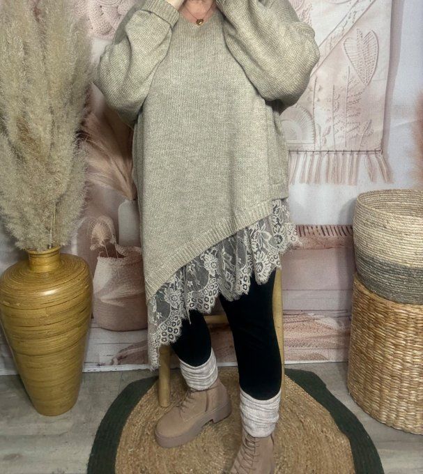 pull asymétrique long beige chiné col V et dentelle assortie douceur +++ du 40 au 54/56 