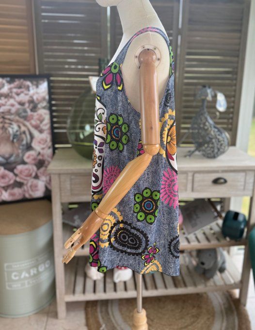 Top débardeur trapèze effet jeans grisé Mexican Skulls Calaveras du 40 au 50/52