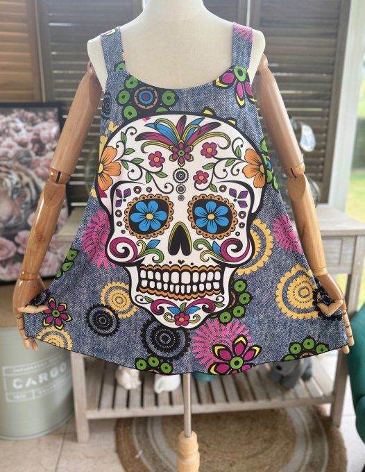 Top débardeur trapèze effet jeans grisé Mexican Skulls Calaveras du 40 au 50/52
