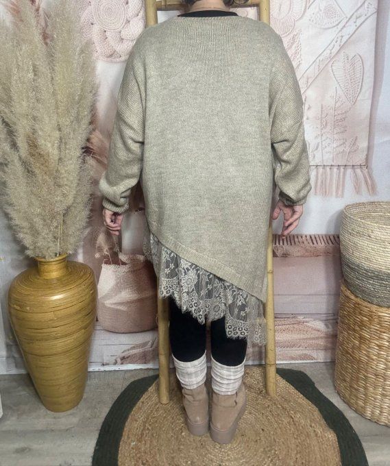 pull asymétrique long beige chiné col V et dentelle assortie douceur +++ du 40 au 54/56 