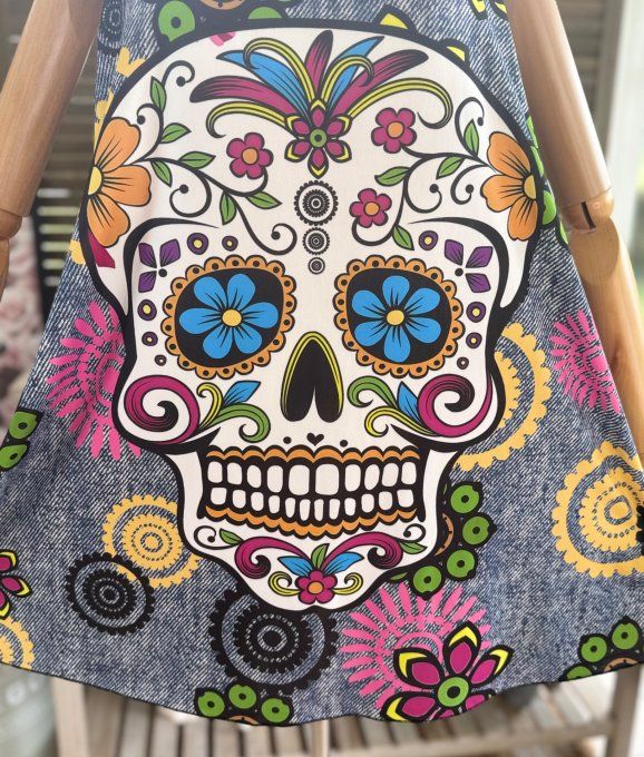 Top débardeur trapèze effet jeans grisé Mexican Skulls Calaveras du 40 au 50/52