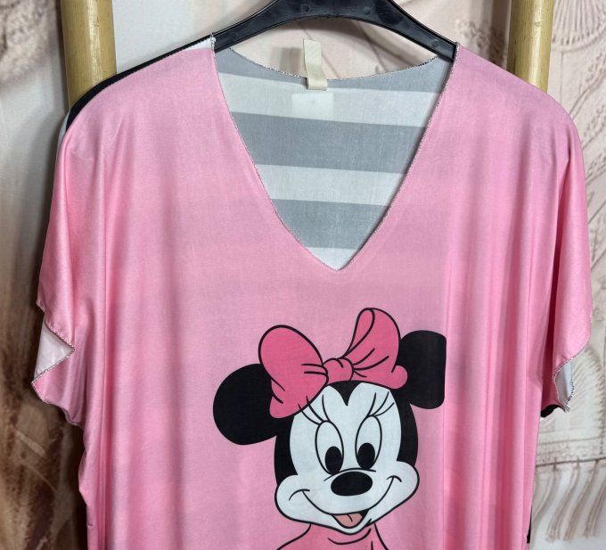 Robe mi-longue ample lycra rose rayée noire & blanc Minnie Mouse du 42 au 52/54