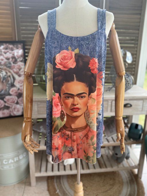 Top débardeur trapèze effet jeans délavé Frida Kahlo aux Fleurs du 40 au 50/52 