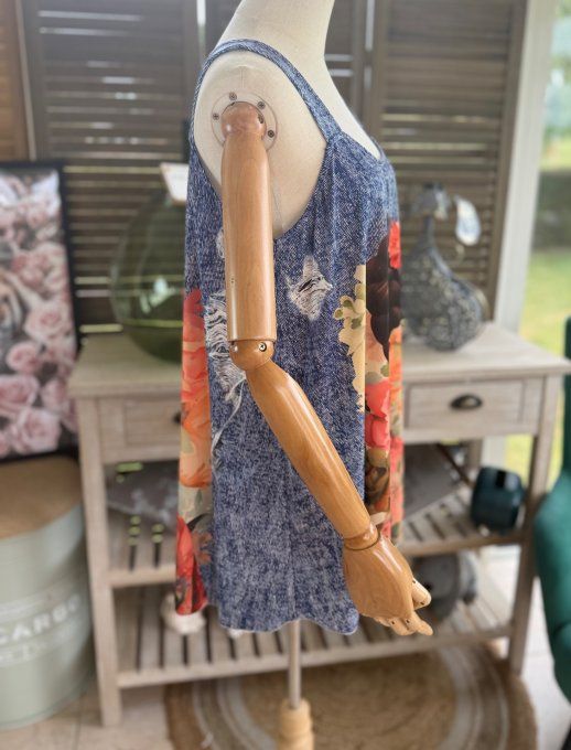 Top débardeur trapèze effet jeans délavé Frida Kahlo aux Fleurs du 40 au 50/52 