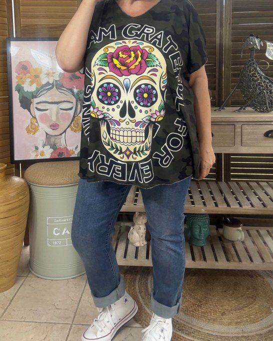 Top fin ample camouflage Mexican Skulls Calavera du 40 au 52