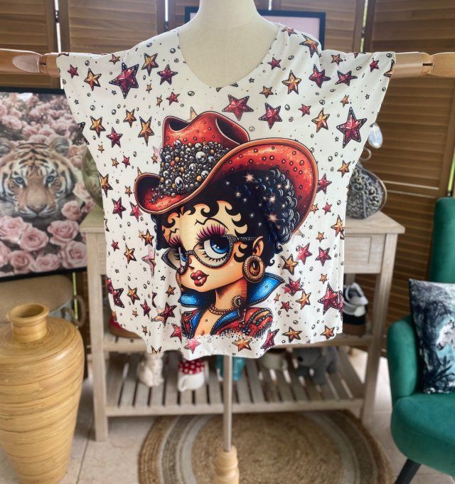 Top fin ample crème étoiles Betty Boop Country Girl du 40 au 52 