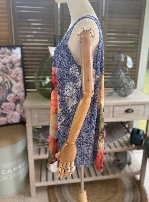 Top débardeur trapèze effet jeans délavé Frida Kahlo aux Fleurs du 40 au 50/52 