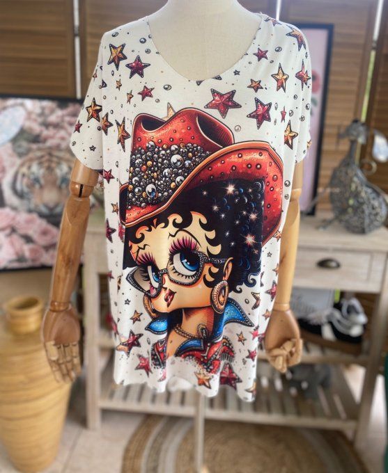 Top fin ample crème étoiles Betty Boop Country Girl du 40 au 52 