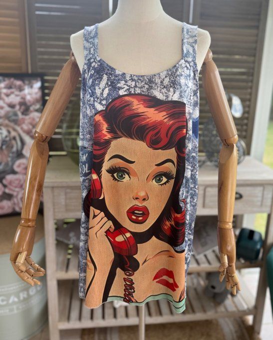 Top débardeur trapèze effet jeans floral Rétro Sixties Woman du 40 au 50/52 