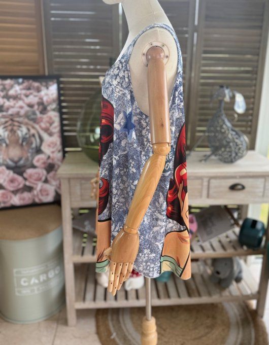 Top débardeur trapèze effet jeans floral Rétro Sixties Woman du 40 au 50/52 
