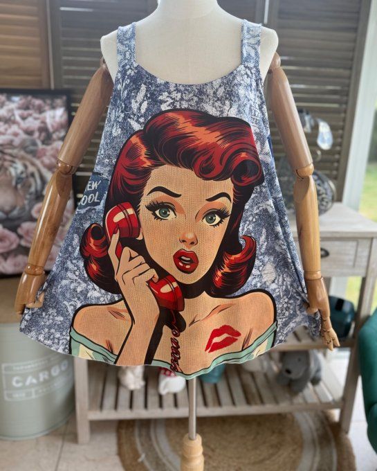 Top débardeur trapèze effet jeans floral Rétro Sixties Woman du 40 au 50/52 