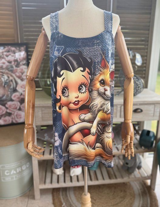 Top débardeur trapèze effet jeans délavé Betty Boop et son chat du 40 au 50/52   