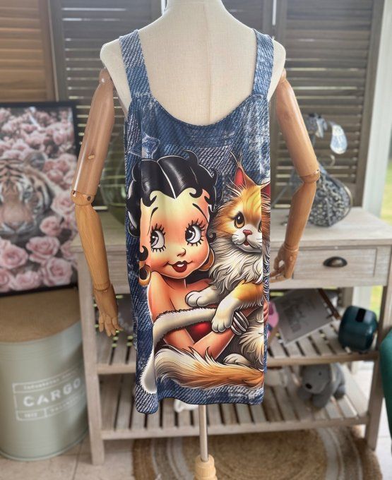 Top débardeur trapèze effet jeans délavé Betty Boop et son chat du 40 au 50/52   
