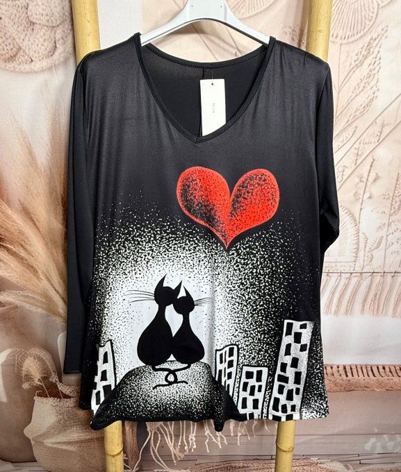 Top trapèze noir manches longues Les Chats amoureux au clair de Lune du 40 au 54/56