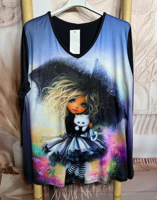 Top trapèze noir manches longues La Fillette au Tutu et son petit chat du 40 au 54/56 