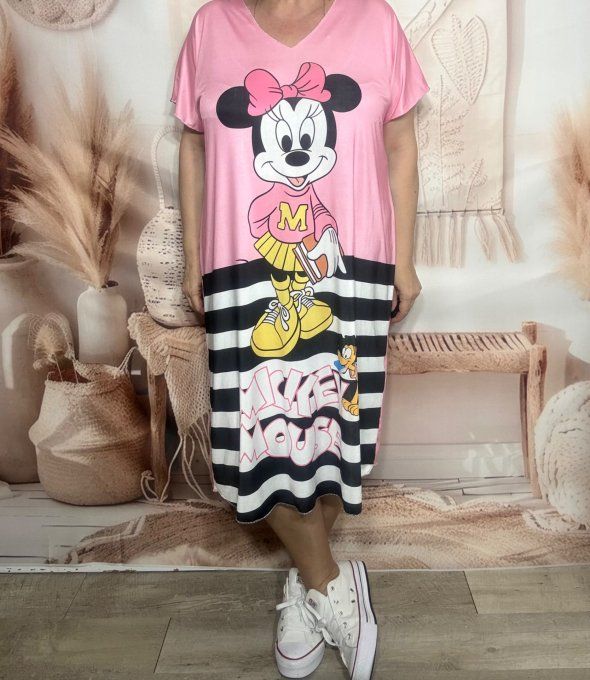 Robe mi-longue ample lycra rose rayée noire & blanc Minnie Mouse du 42 au 52/54