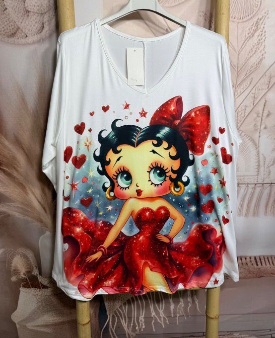 Top trapèze blanc manches longues Betty Boop Pinup rétro chic du 42 au 56/58 